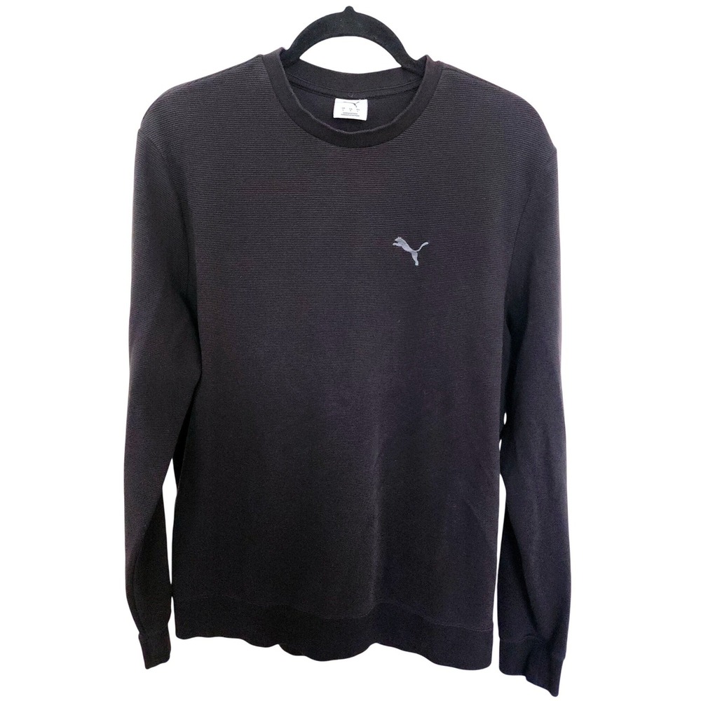 Puma Mens Ribbed Knit Crewneck Sweatshirt Black Long Sleeve Logo Preppy‎ Casual